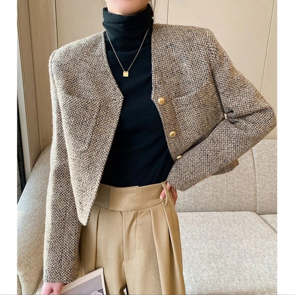 Cropped Tweed Jacket Women Elegant Short Blazer Autumn - Picture 6 of 6